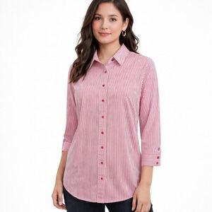 Chico's No Iron Pink White Striped Metallic Tunic Shirt Size 3 XL 16 Button Down
